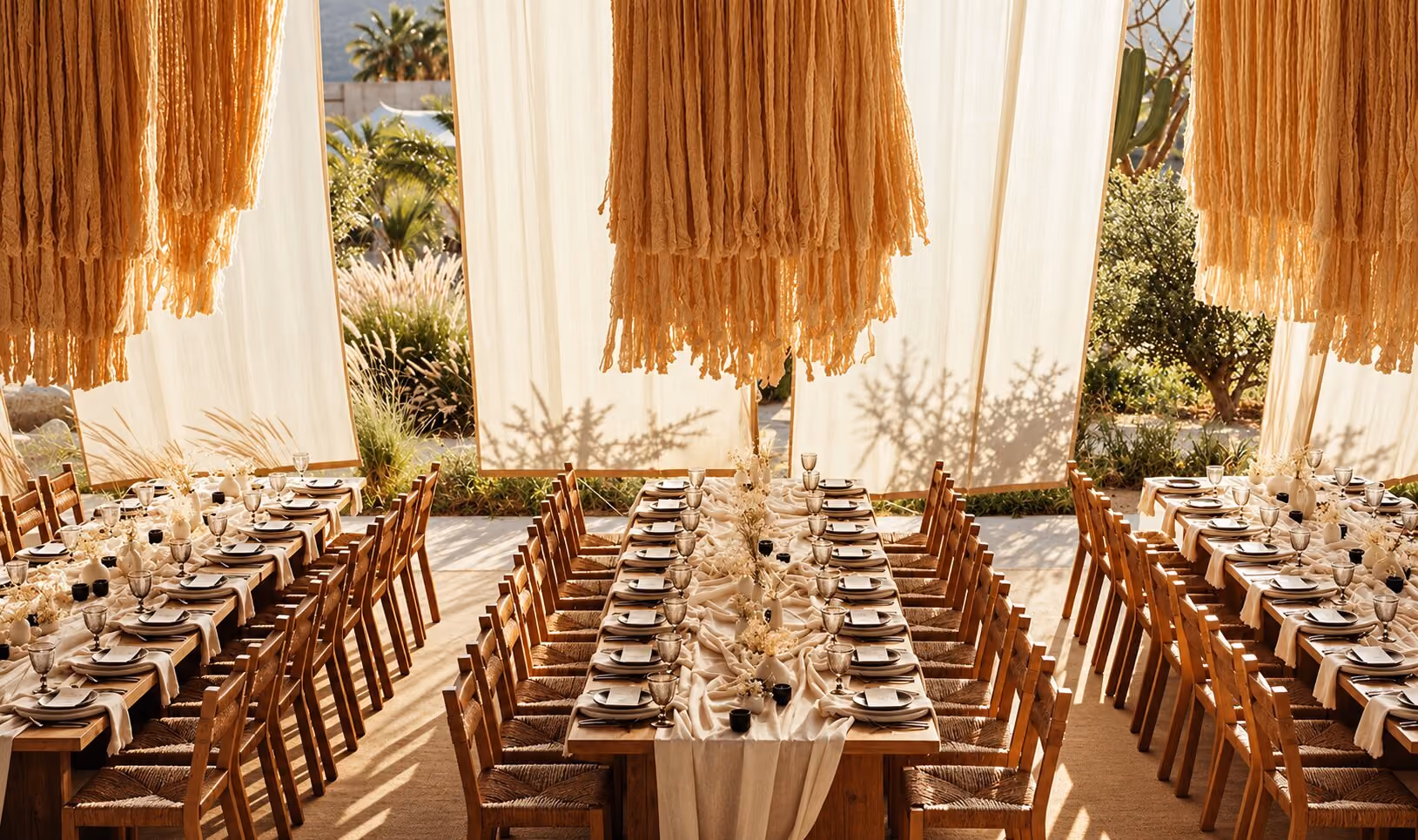 Long banquet tables under woven palm canopies for an event
