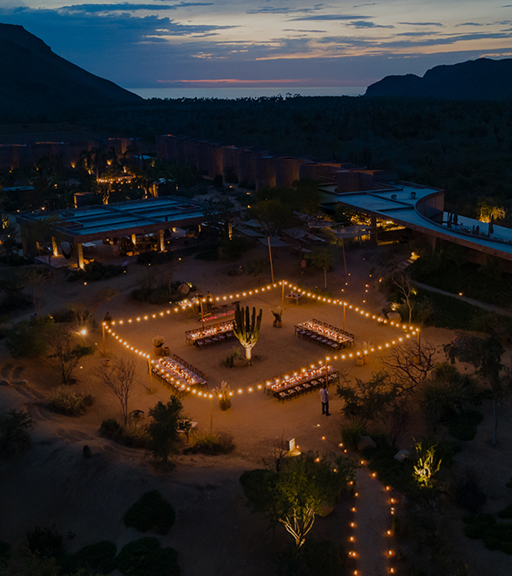 Aerial dusk view of a candlelit event at Paradero