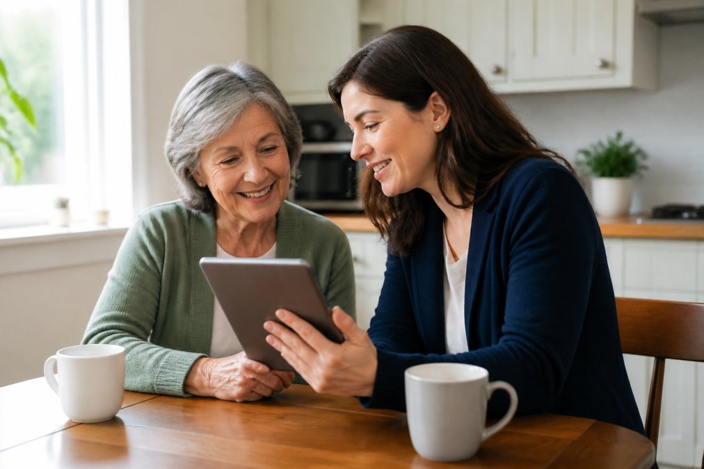 Infographic showing a step-by-step process to protect seniors from online scams during a family conversation.