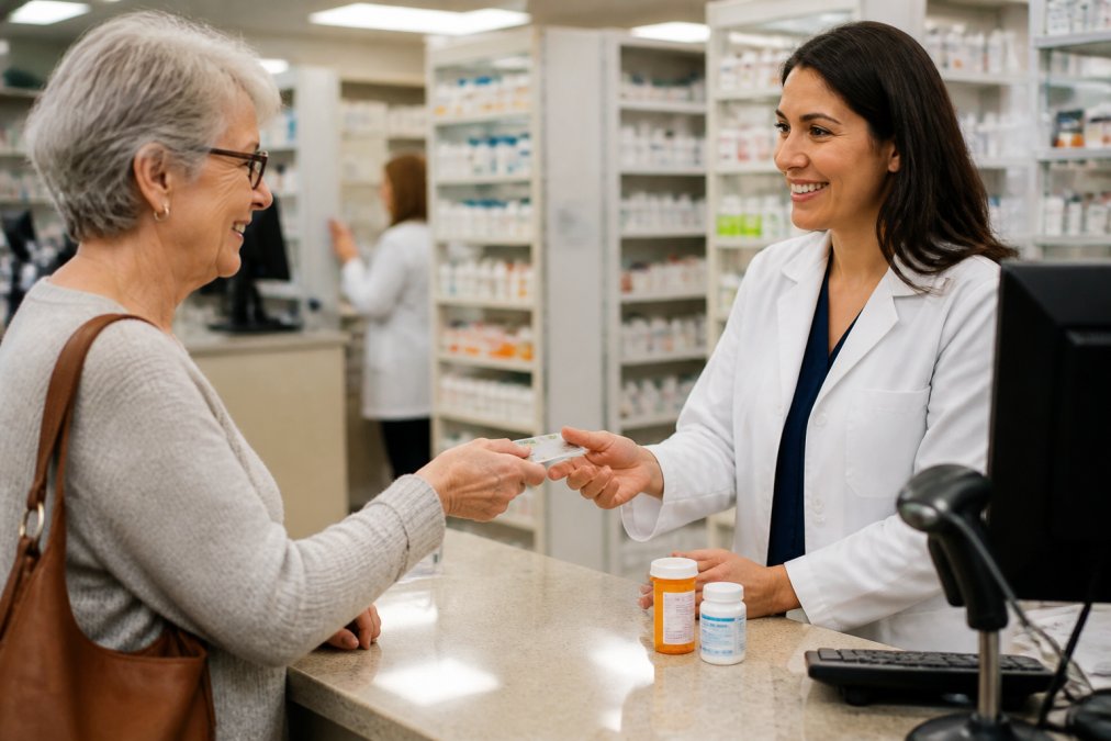 Senior customer at pharmacy counter handing a discount card to a pharmacist while discussing medication options, warm clinic lighting