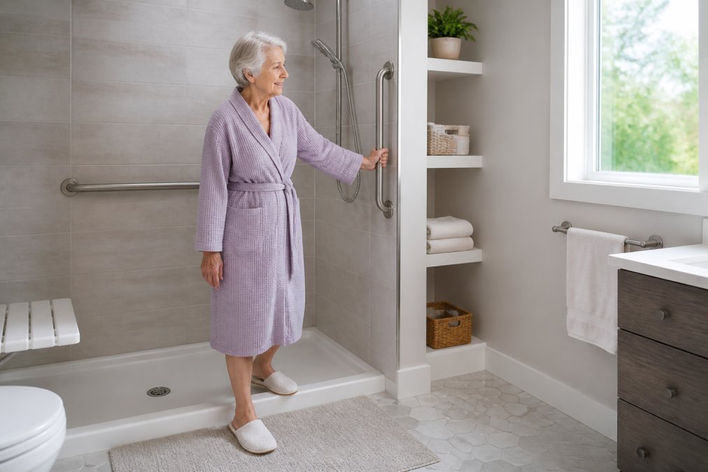 Older adult safely using grab bars in a modern bathroom with non-slip flooring, bright natural lighting from a window, and accessible shelving at reachable height