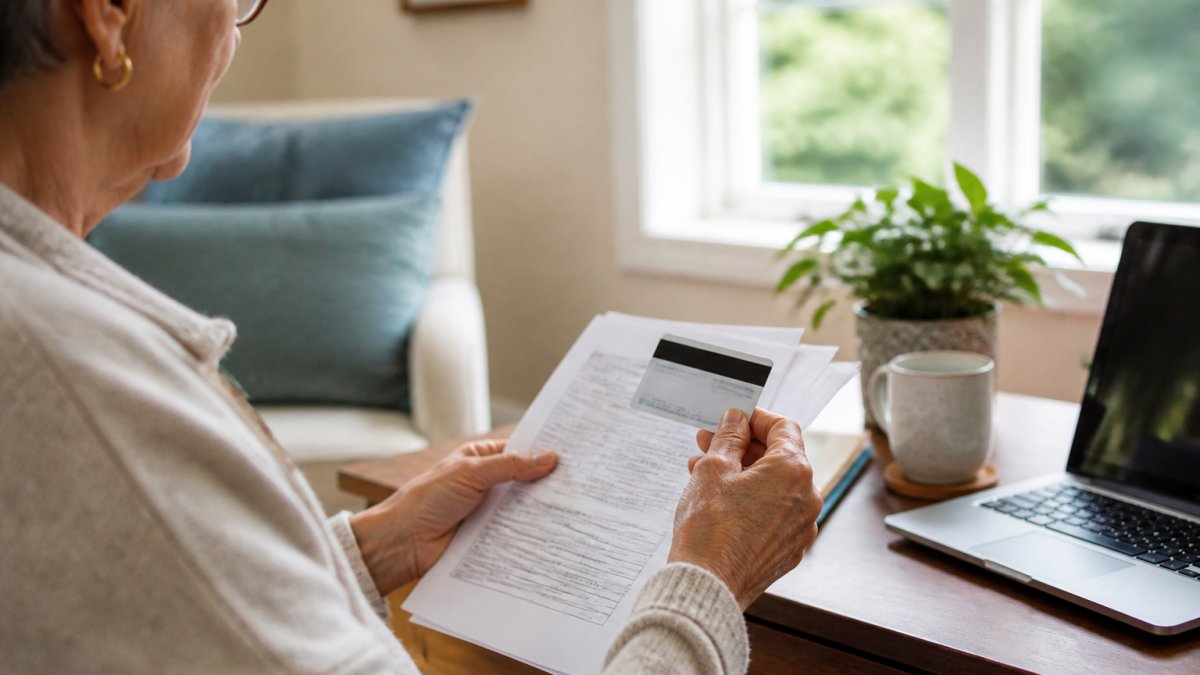 Older adult sitting at home with a laptop, holding insurance card and medical records, preparing for virtual consultation with natural window lighting