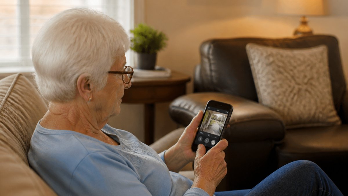 Senior adult using a smartphone to view smart home security systems camera feeds in a bright living room