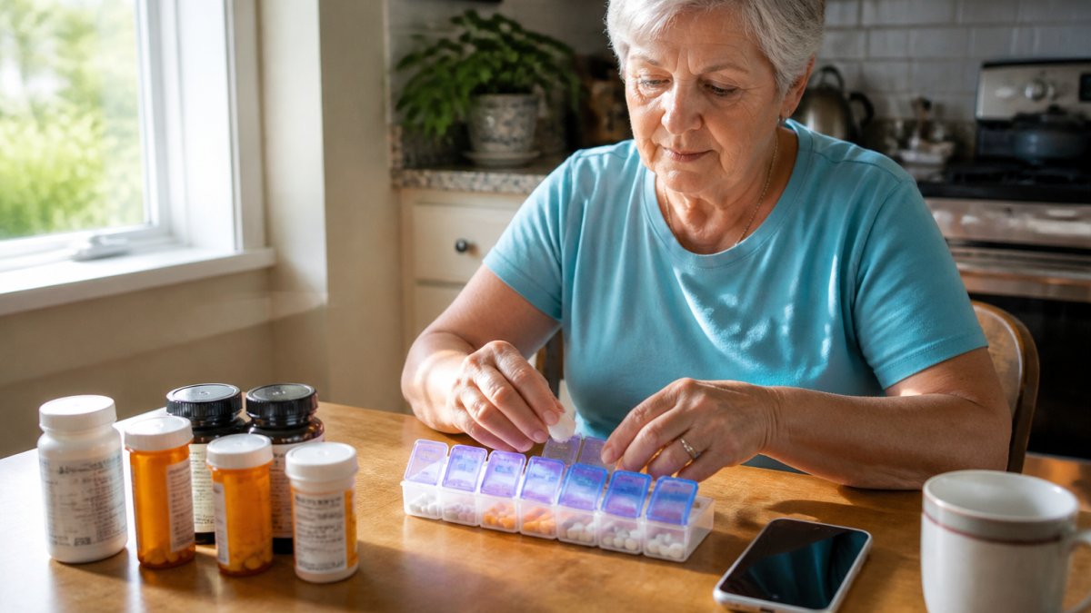 Older adult organizing medications into a weekly pill organizer at a bright kitchen table with a smartphone displaying a medication reminder app nearby, natural morning light streaming through the window