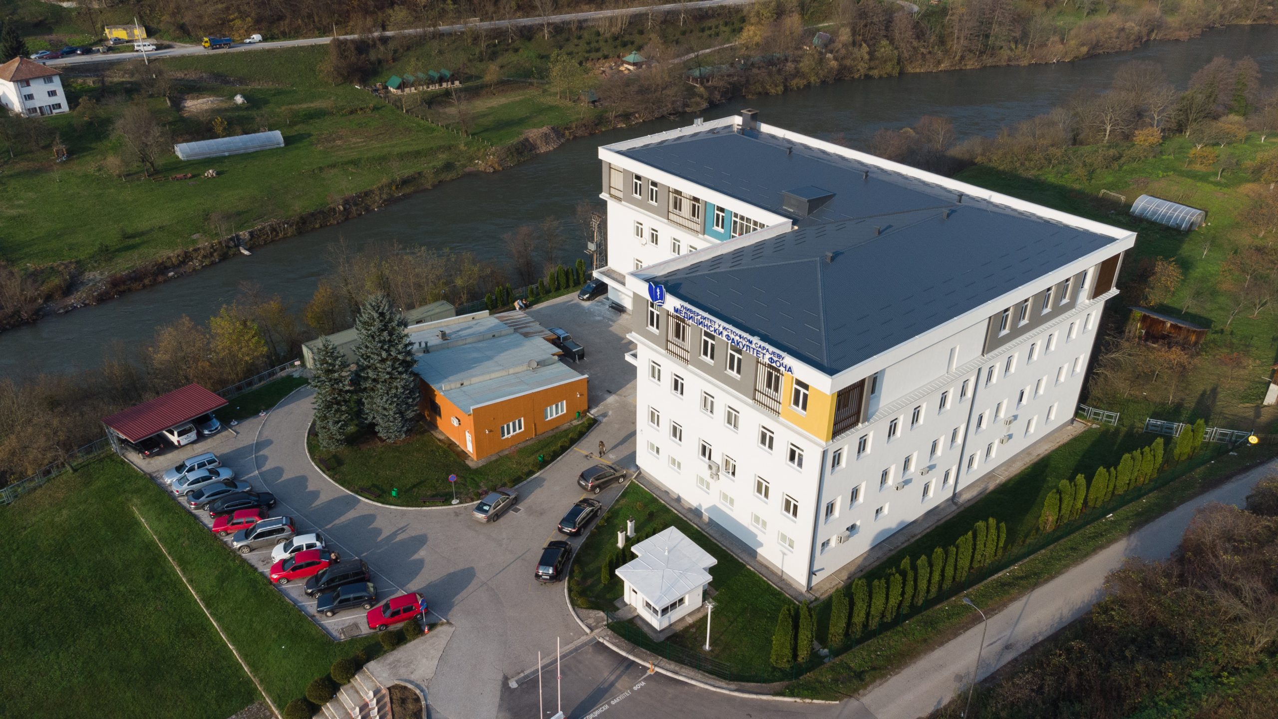 Drone view of the medical campus and the Drina valley in Foča