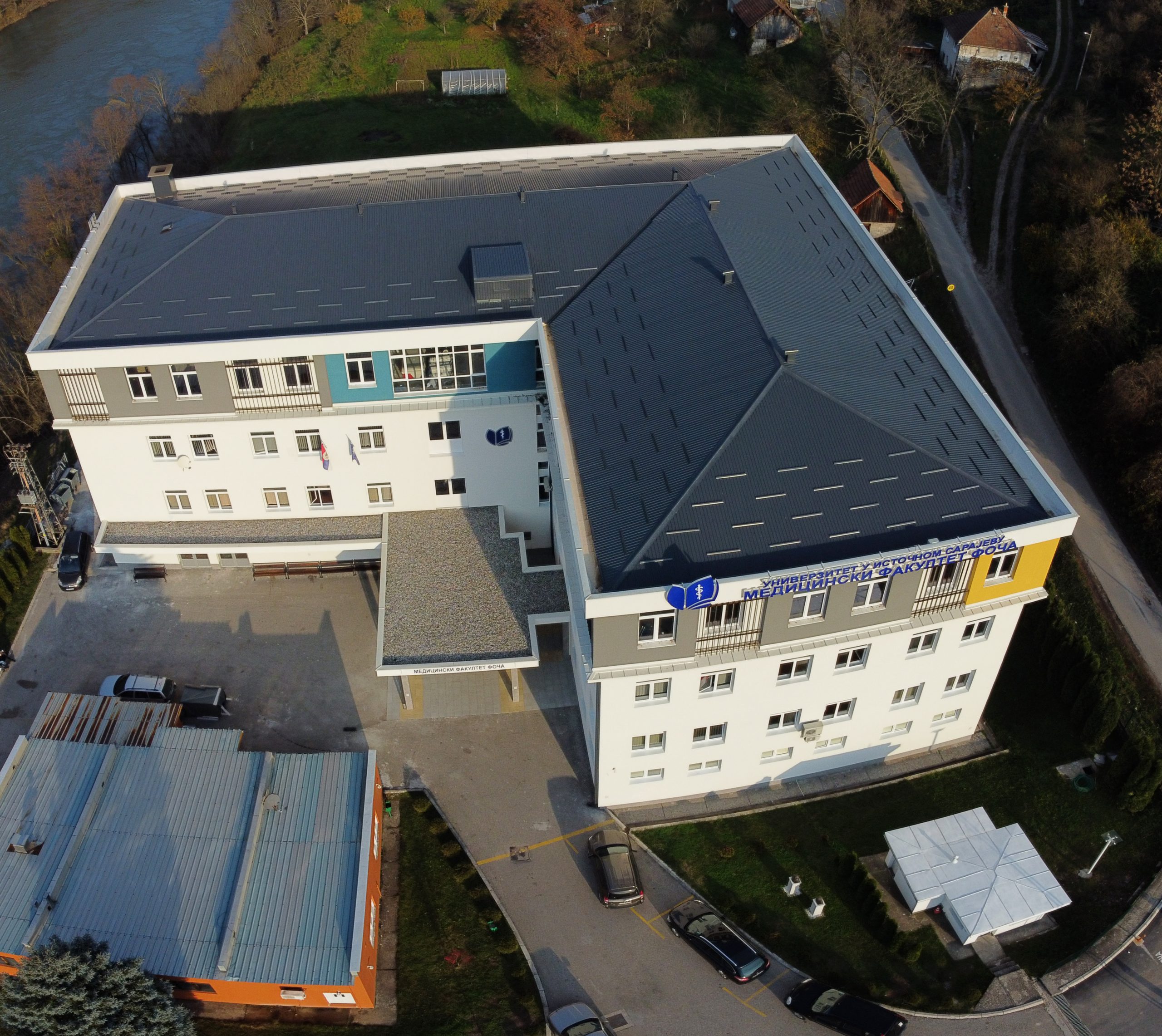 Aerial view of the medical campus in Foča with the surrounding hills