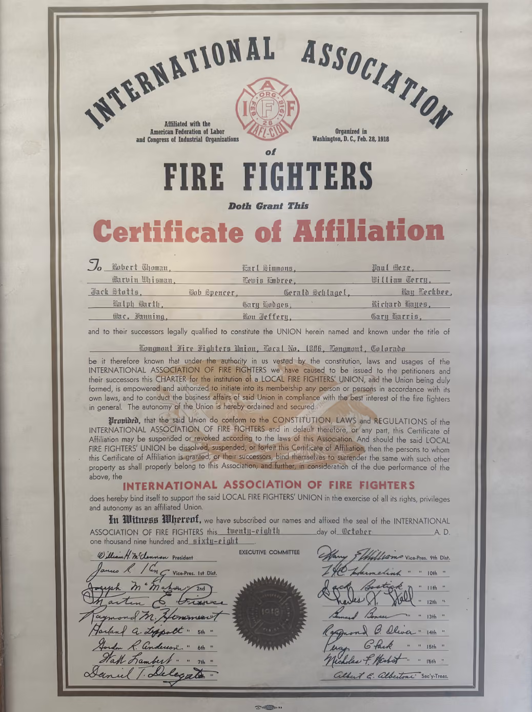 Framed IAFF Certificate of Affiliation for Longmont Fire Fighters Union, Local 1806, dated October 28, 1968