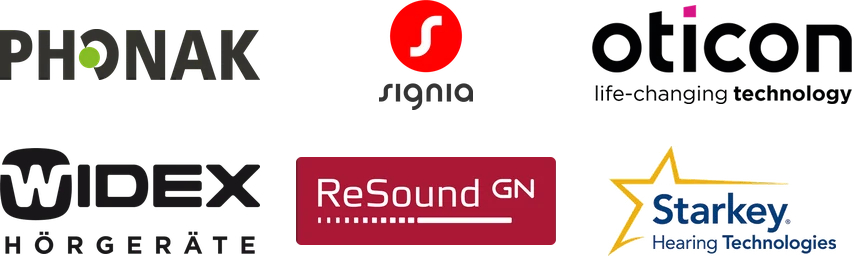 Logos der Hörgerätehersteller Phonak, Signia, Oticon, Widex, ReSound und Starkey