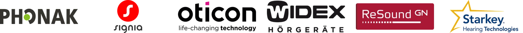 Logos der Hörgerätehersteller Phonak, Signia, Oticon, Widex, ReSound und Starkey