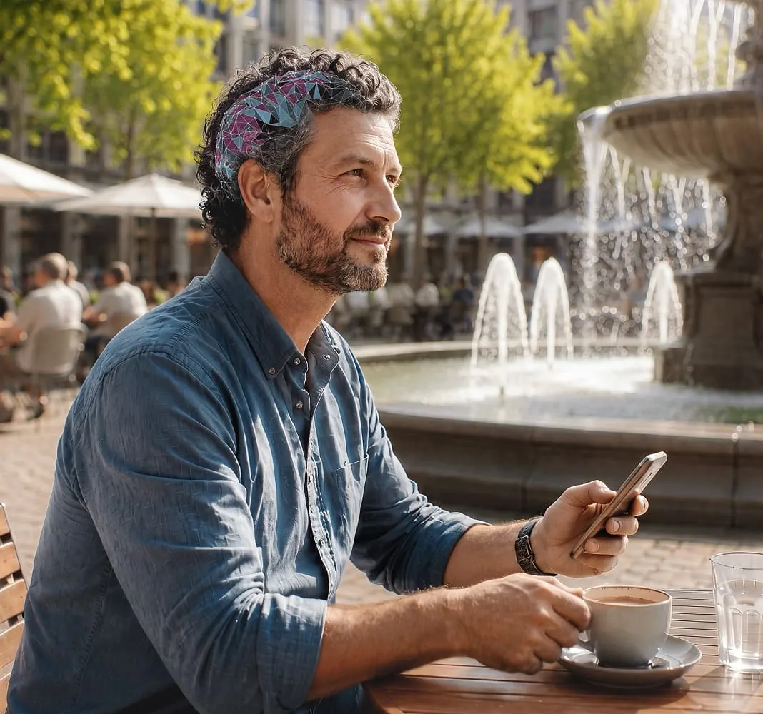 Mann sitzt entspannt im Café am Brunnen und schaut auf sein Smartphone