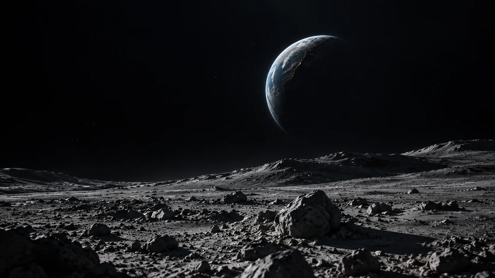 Earth rising over the lunar horizon