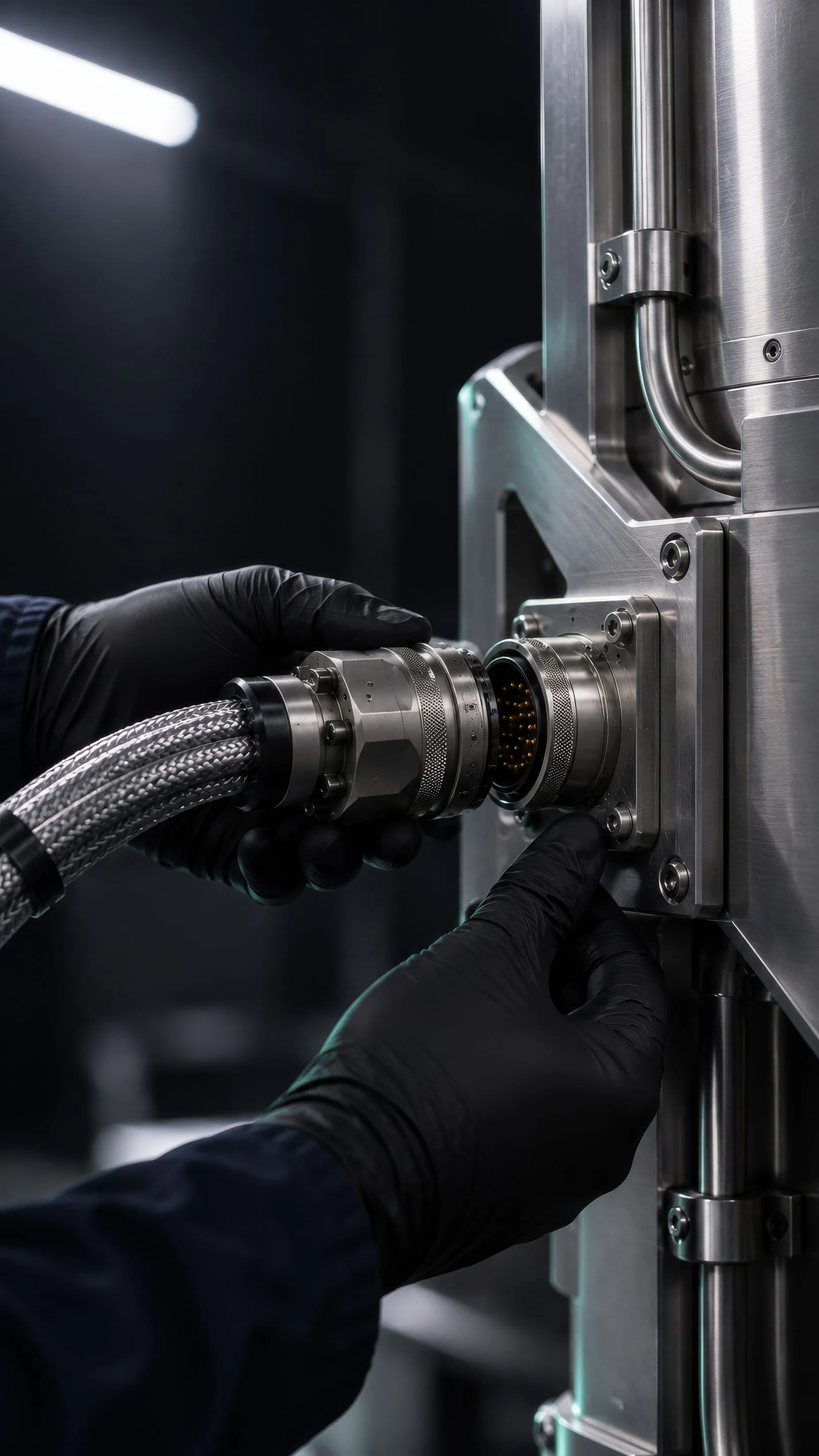 Gloved hands connecting a braided power cable