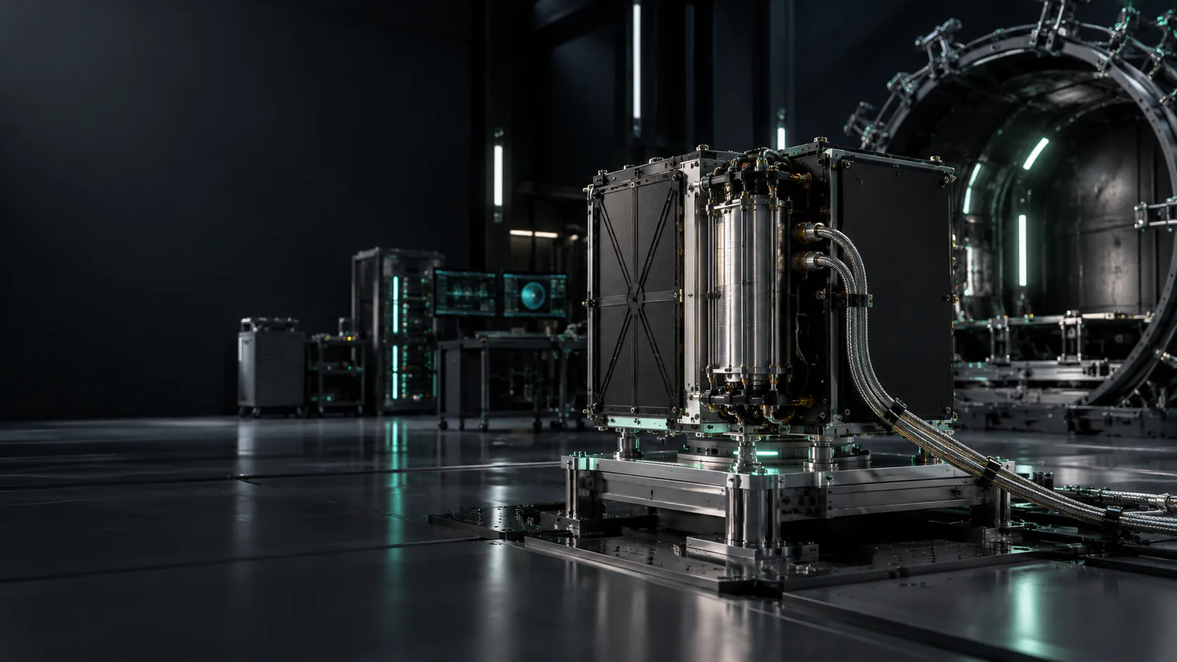 Nuclear power unit in a laboratory with teal lights