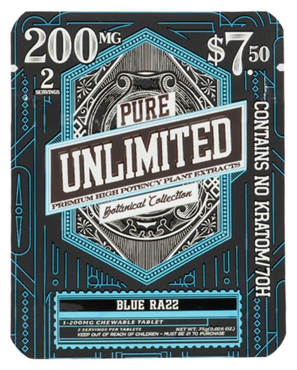Pure Unlimited Blue Razz 200mg chewable tablet pack