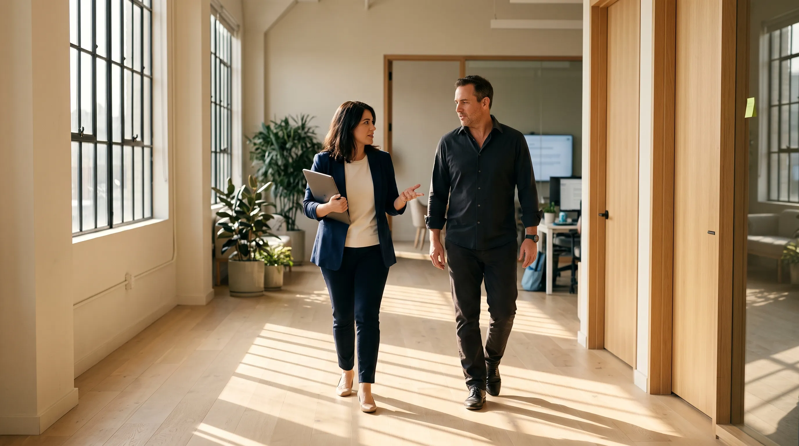 Brico licensing expert walking and talking with a fintech compliance leader in a sunlit office corridor