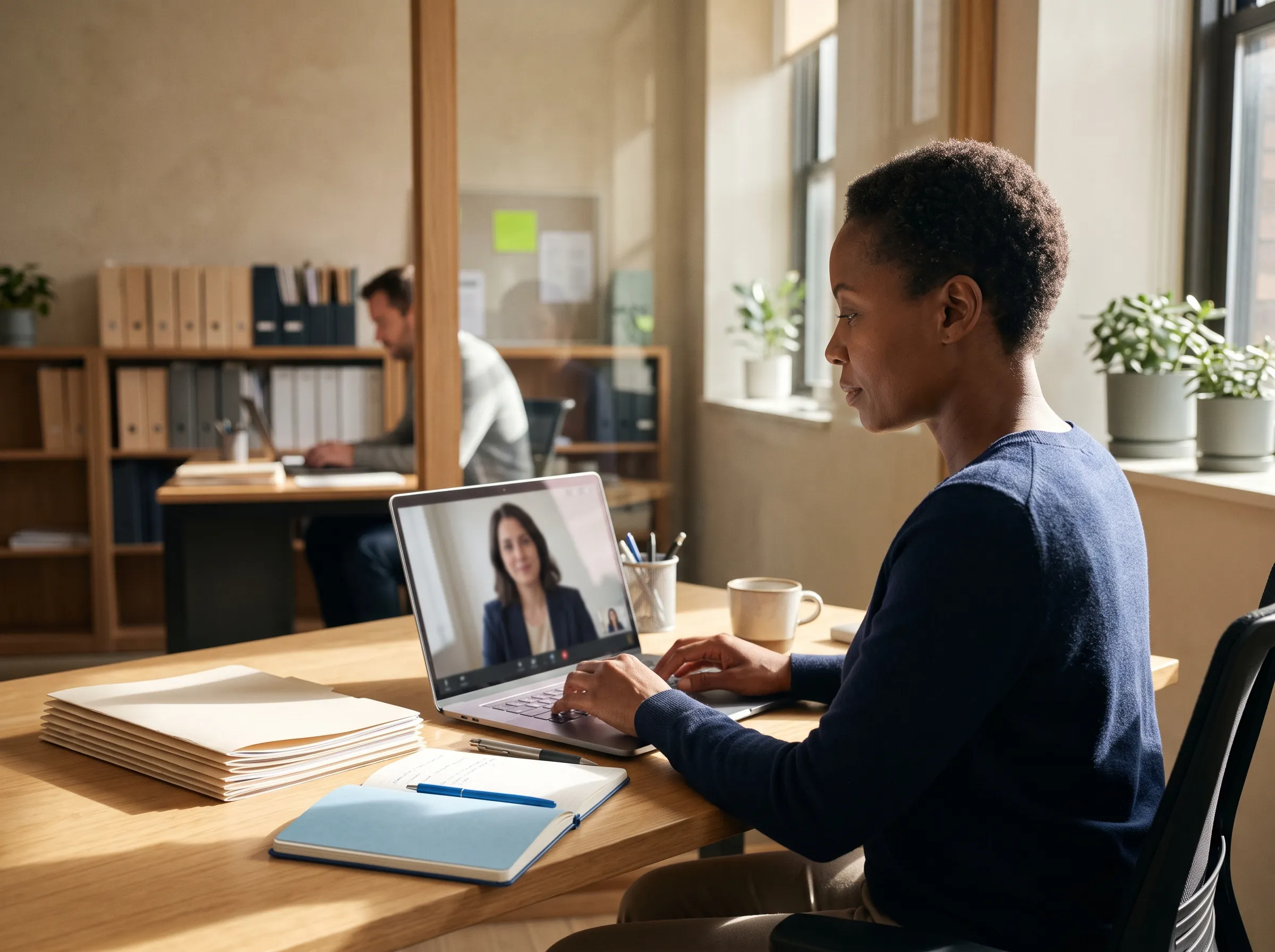 A compliance manager on a call with her Brico licensing expert about ongoing reporting