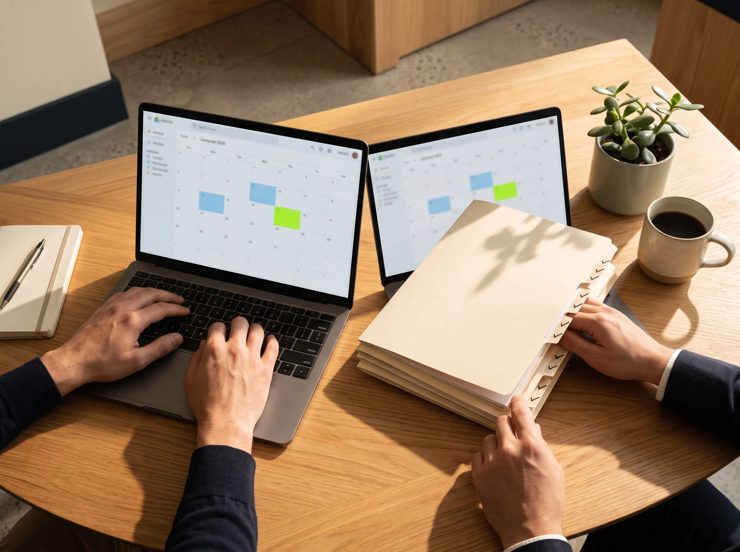 Compliance analyst’s desk with a renewal and MSB Call Report calendar and completed report folders