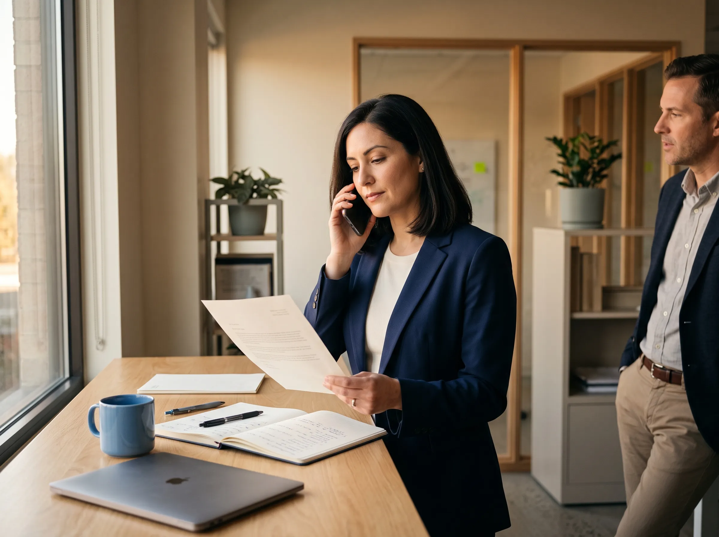 Licensing expert on a call with a state regulator, holding a deficiency letter and notes