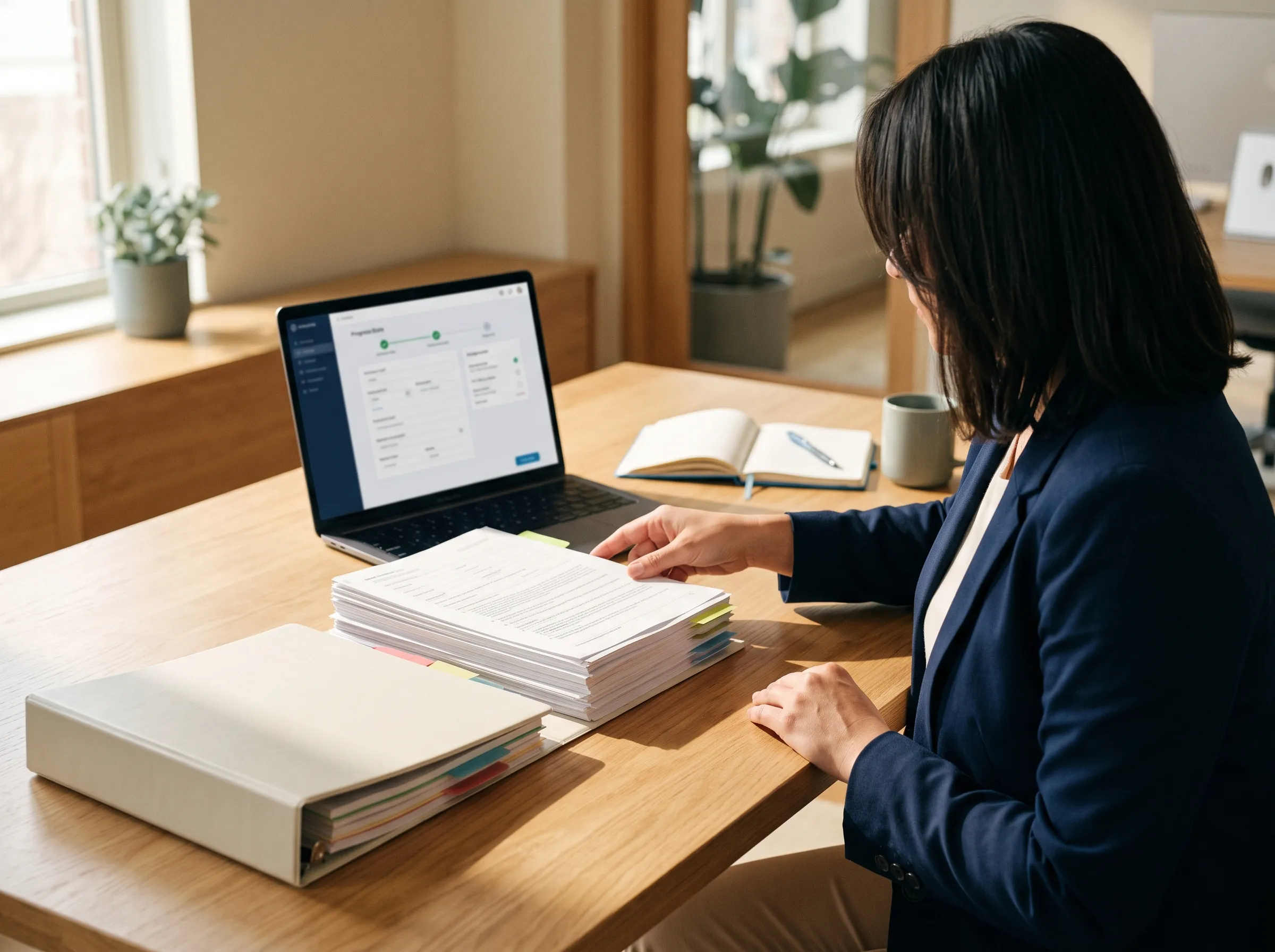 Licensing expert assembling a license application package with tabbed supporting documents