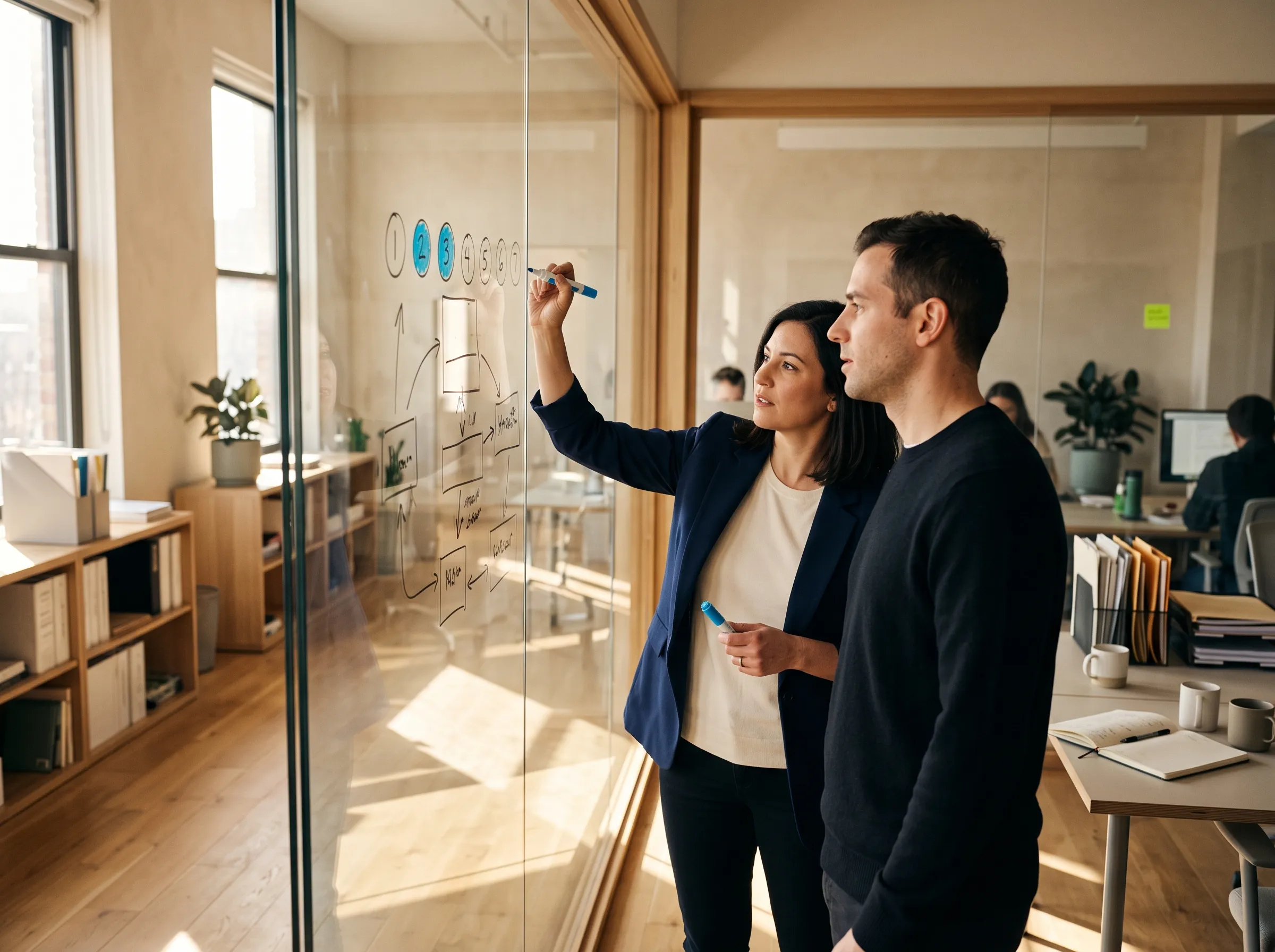 Two compliance professionals mapping a licensing plan on a glass whiteboard
