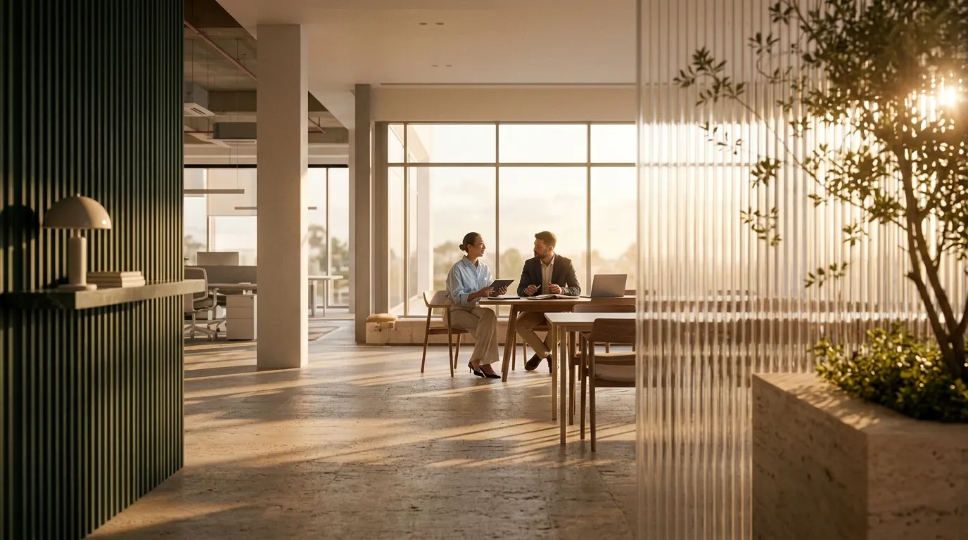 Two colleagues meeting at a table in a sunlit open office