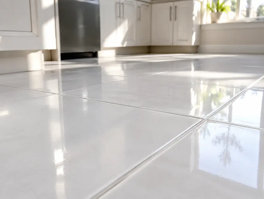 Clean white floor tile with bright grout lines in a kitchen