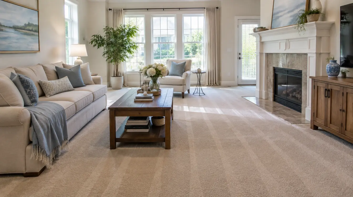 Freshly cleaned beige carpet in a living room
