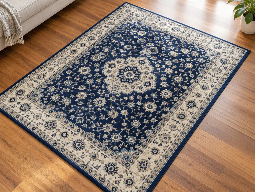 Clean navy and cream patterned area rug on a hardwood floor