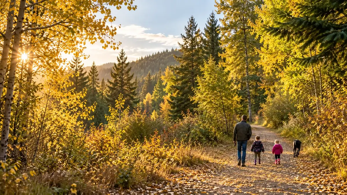 A family walks a forest trail through fall color near Cle Elum, Washington.