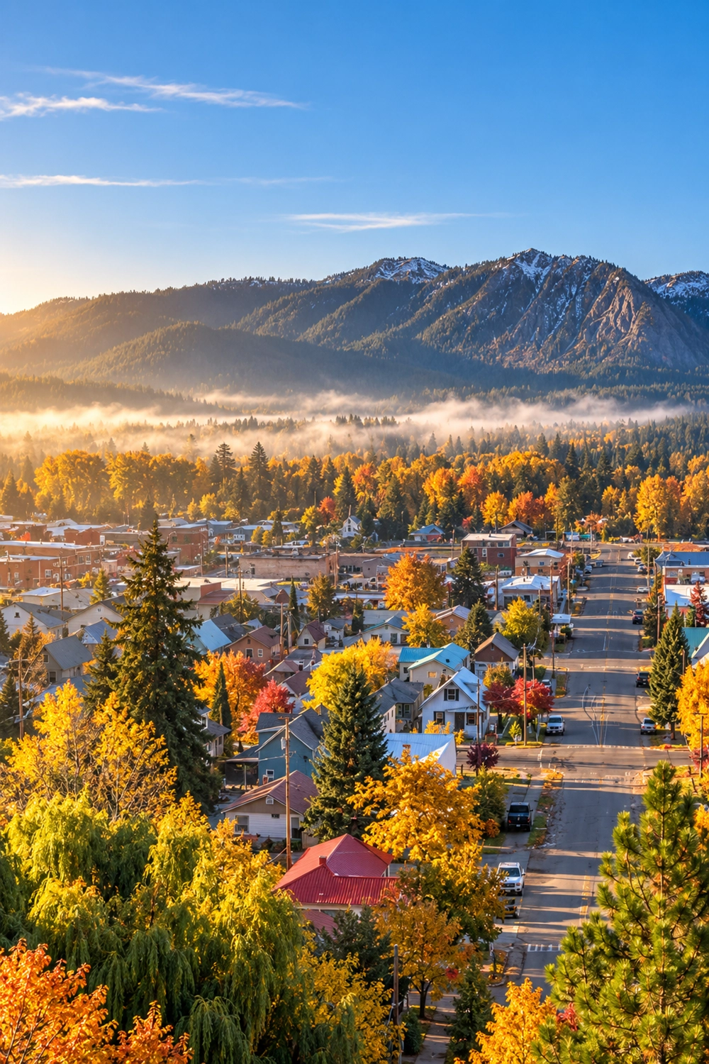 Cle Elum, Washington, in autumn, with fall color along the town's streets and morning mist below the mountains.