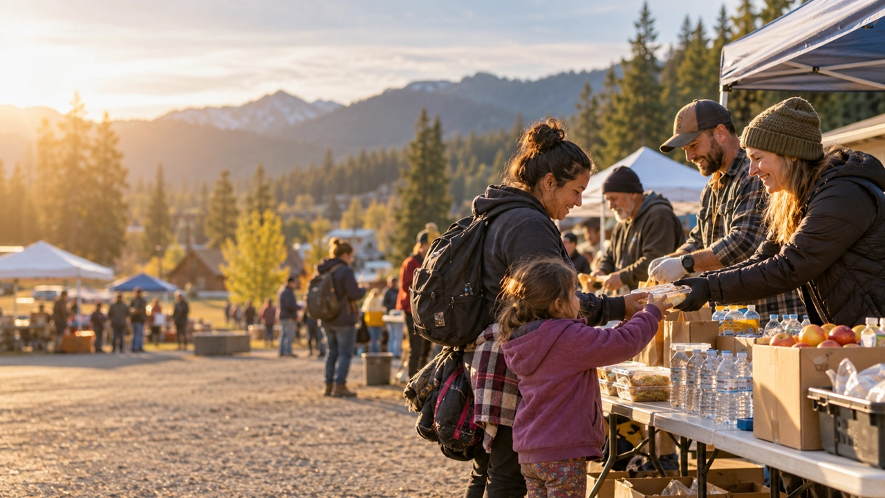 Volunteers greet a family at an outdoor community event in Cle Elum, with mountains in the distance.