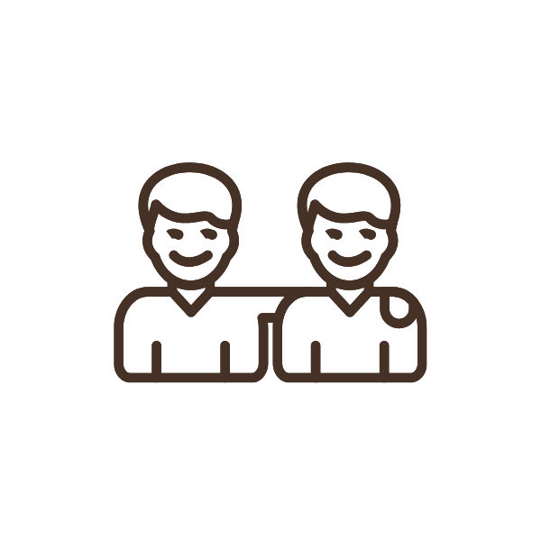 Icône de deux hommes souriants côte à côte, style contour simple.