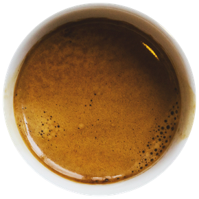 Tasse vue du dessus contenant un espresso avec une crème lisse et dorée sur le dessus.