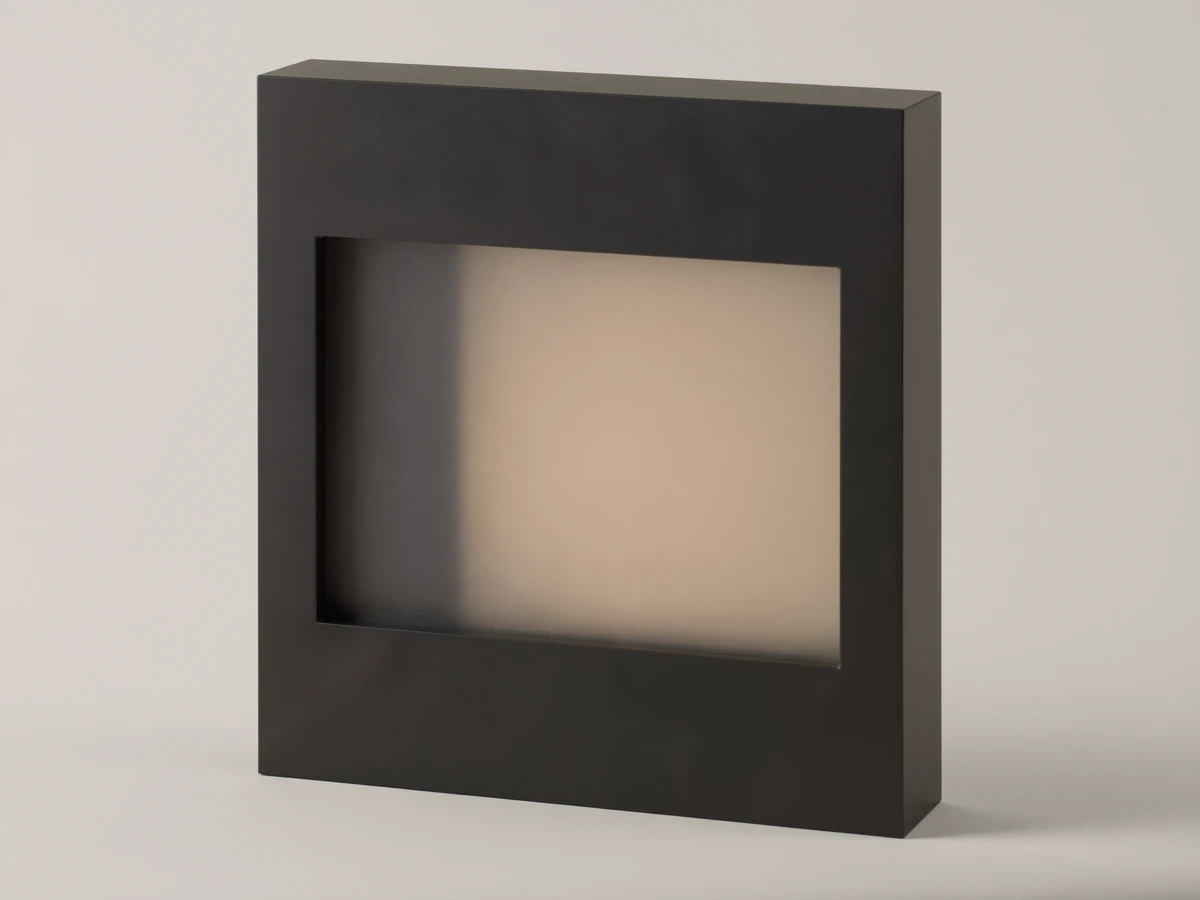 Dark frame with a soft warm gradient screen, like a device display