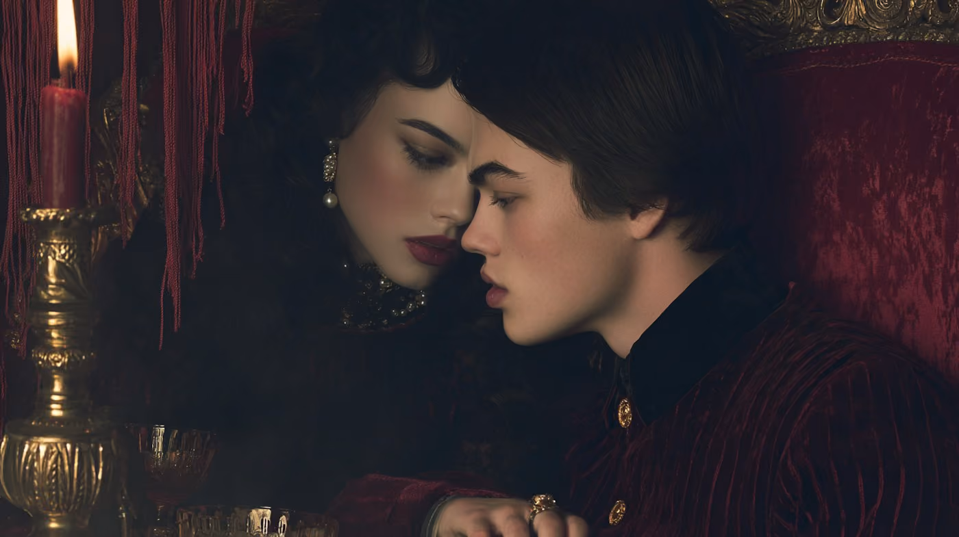 Couple leaning close together in a dark lounge