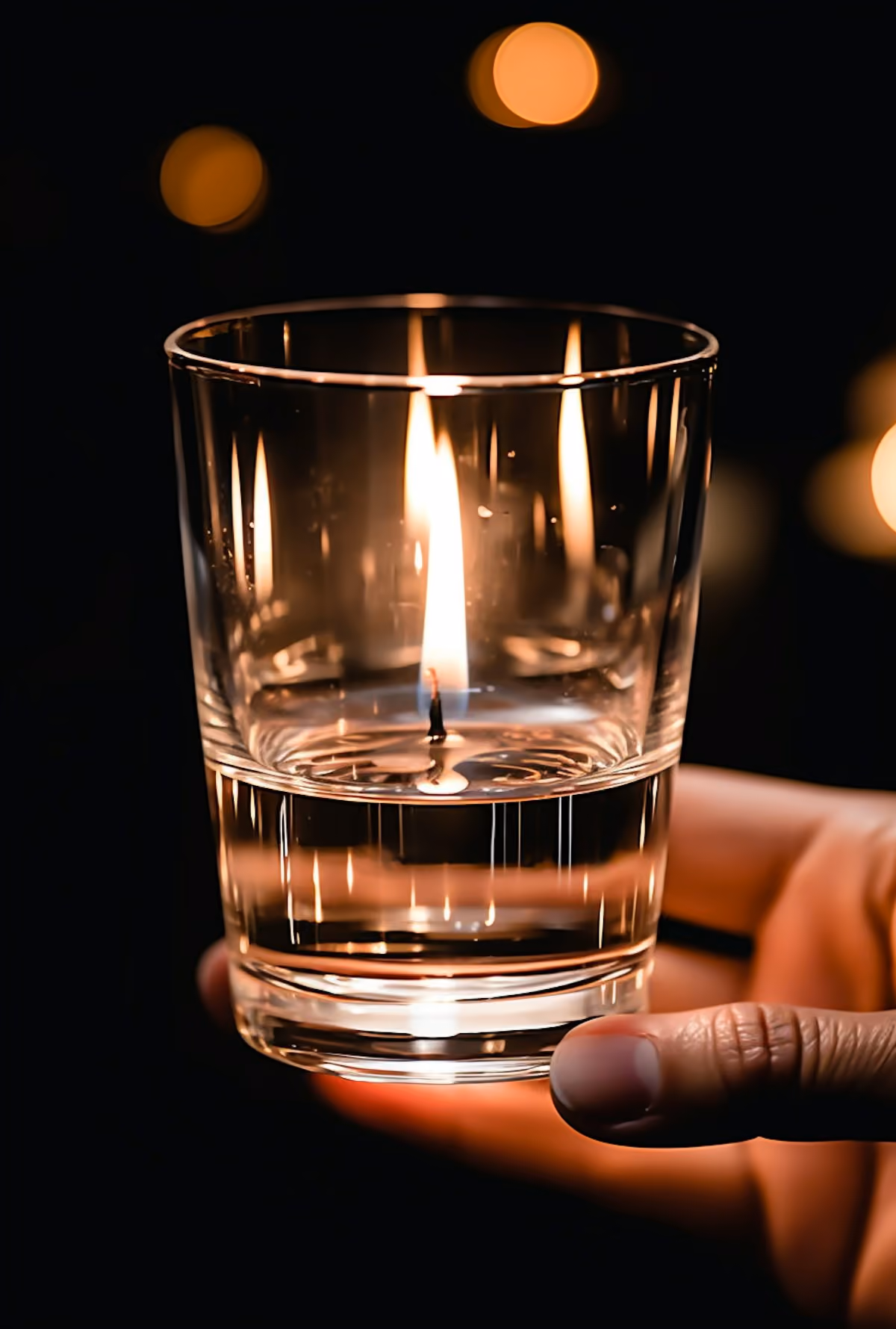 Candle burning inside a crystal tumbler held in a hand