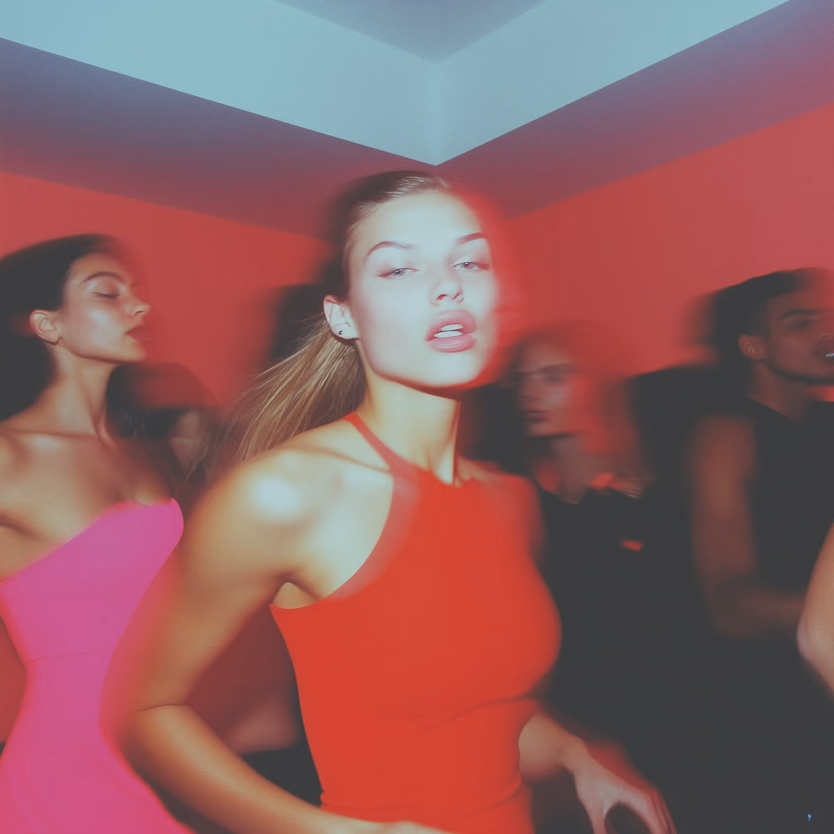 Woman in a red dress dancing on a red-lit club floor