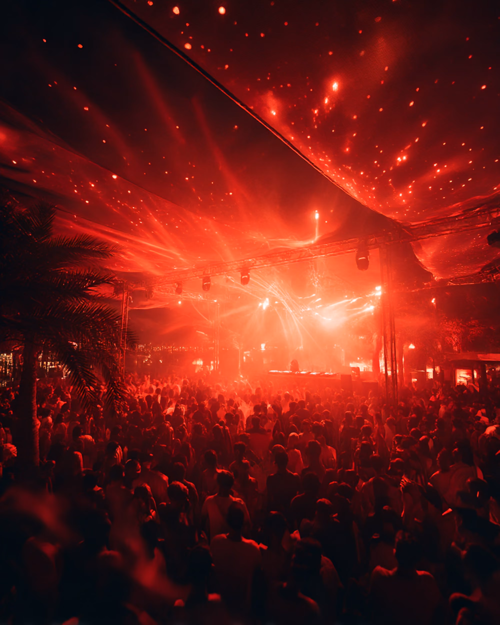 Club crowd under red lasers and sparks