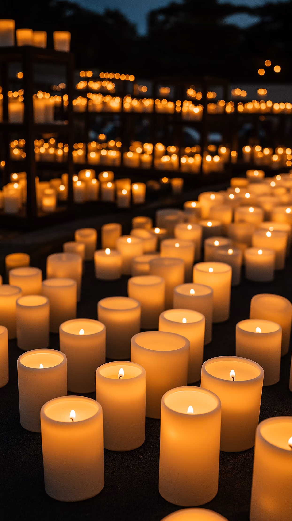 Rows of glowing candles in the dark