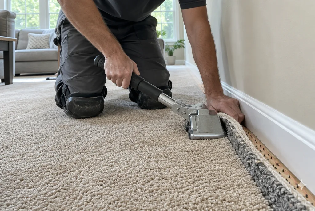 Carpet installer using a knee kicker to re-stretch beige carpet along a baseboard