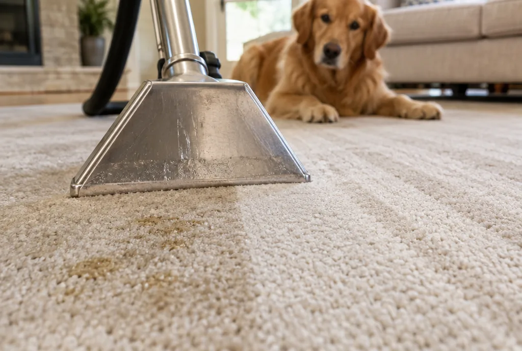 Professional hot-water extraction wand lifting a pet stain from beige carpet while a golden retriever watches