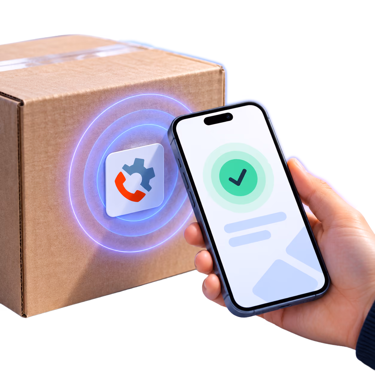Tapping a phone to Phonism sticker on a shipment box containing a phone.