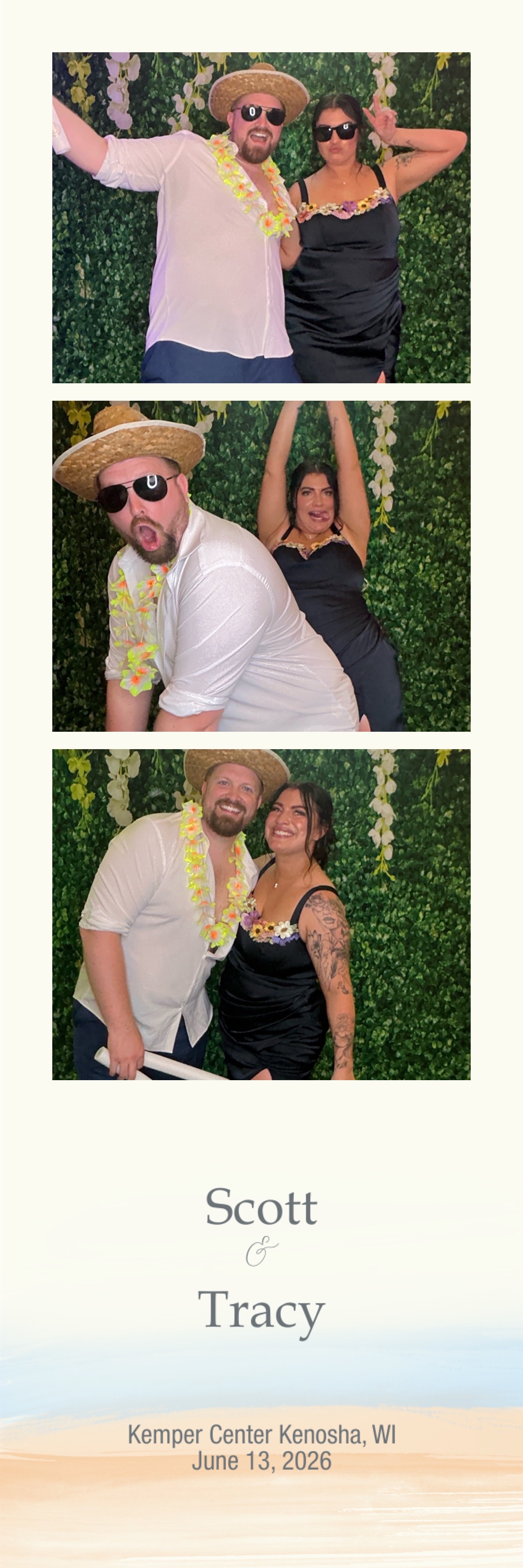 Photo booth strip of two wedding guests posing with straw hat, sunglasses, and flower lei props against a greenery wall, printed with "Scott & Tracy, Kemper Center Kenosha, WI, June 13, 2026"