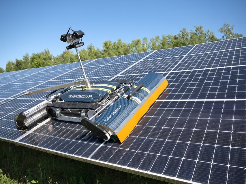 SolarCleano robotic cleaning system on a solar panel array.