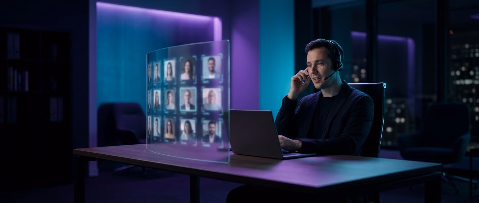 A founder on a discovery call beside a glass panel showing his SynAgentic team of Agentic Citizens