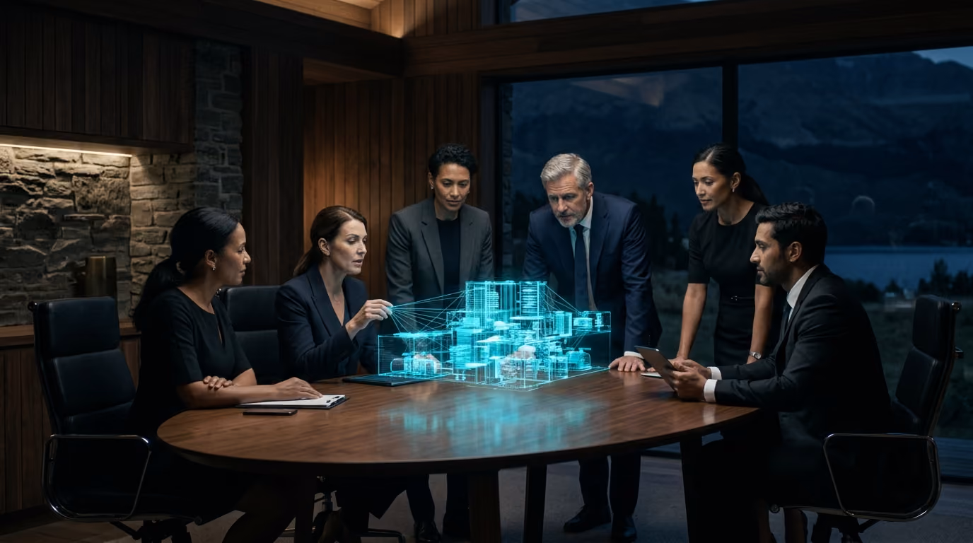 Senior executives around an oval boardroom table study a rotating holographic model of their enterprise woven with Agentic Citizen teams.