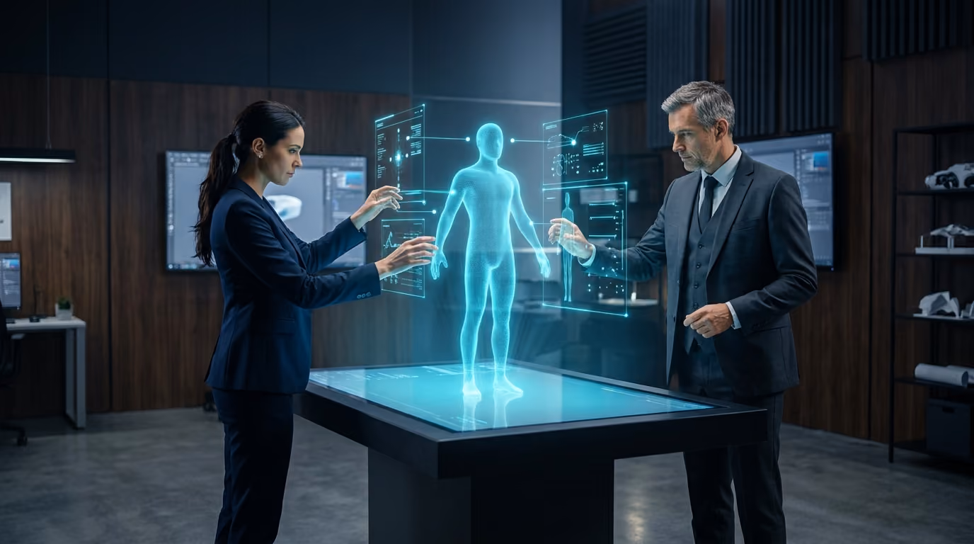 A designer and an engineer shape an Agentic Citizen from cyan light on a holographic build table in a dark design studio.