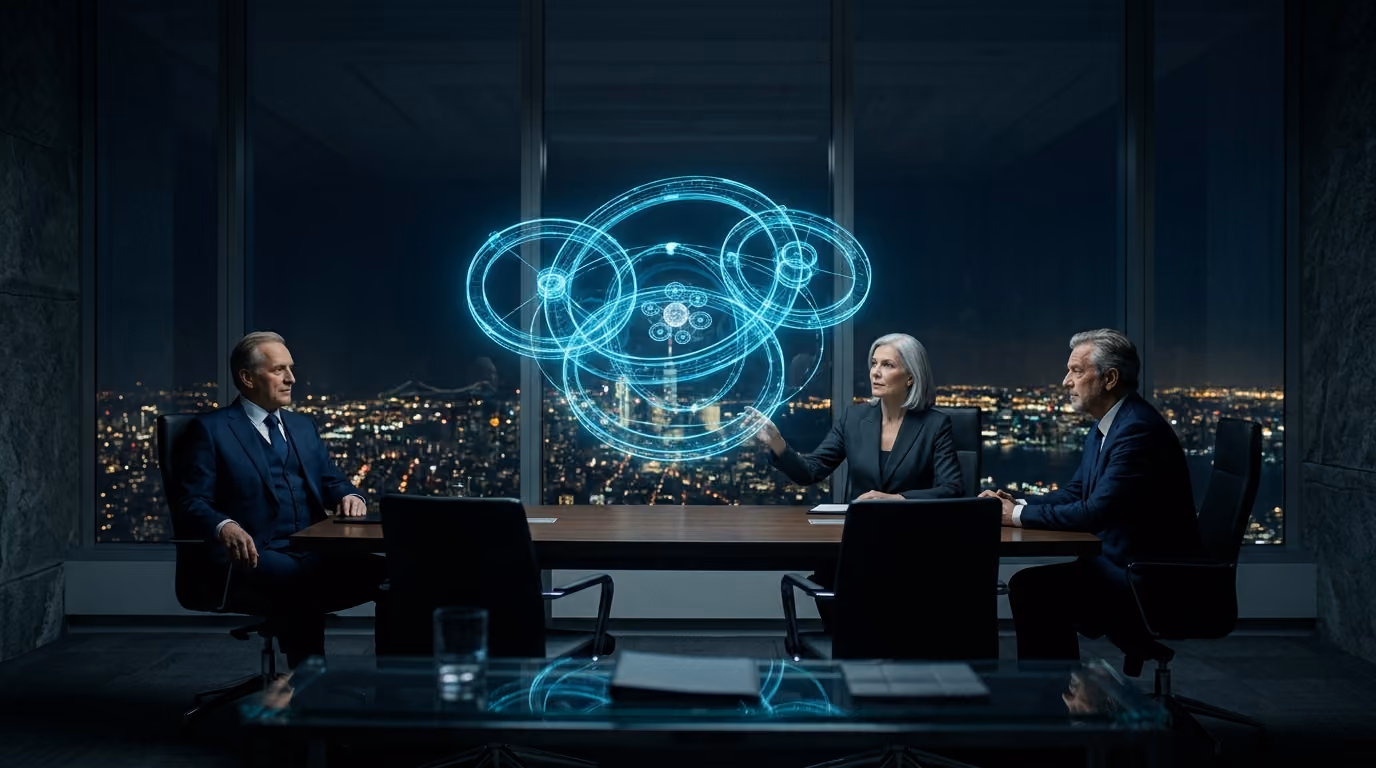 Senior executives in a high rise boardroom at night review a holographic enterprise shown as interlocking rings of light.