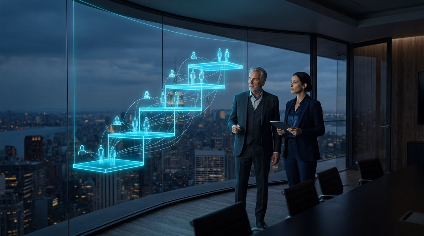 A founder and a strategist in a dusk boardroom review a holographic company architecture rising in five glowing tiers, each linked to human and Agentic Citizen roles.