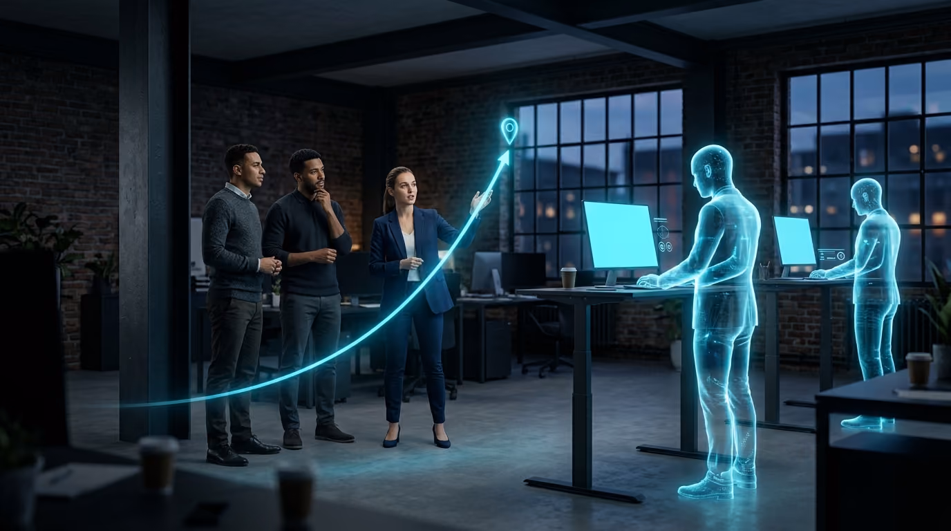 Startup co-founders in a warehouse office track a rising holographic growth curve while Agentic Citizens work beside them.